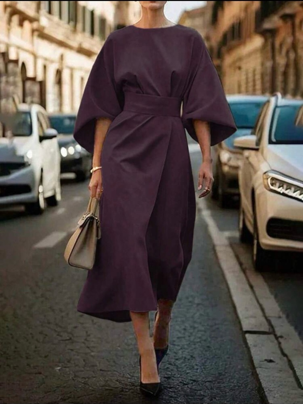 Elegant Plum Midi Dress with Belted Waist, Size 14